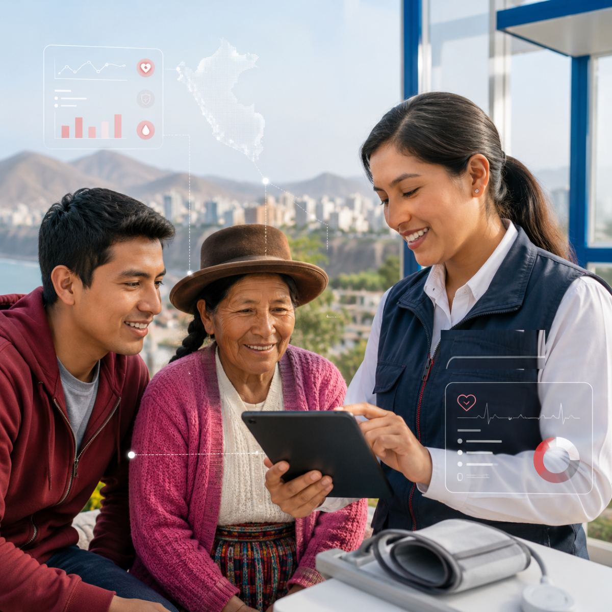 Una promotora de salud del MINSA muestra la app gSense a una familia de la comunidad