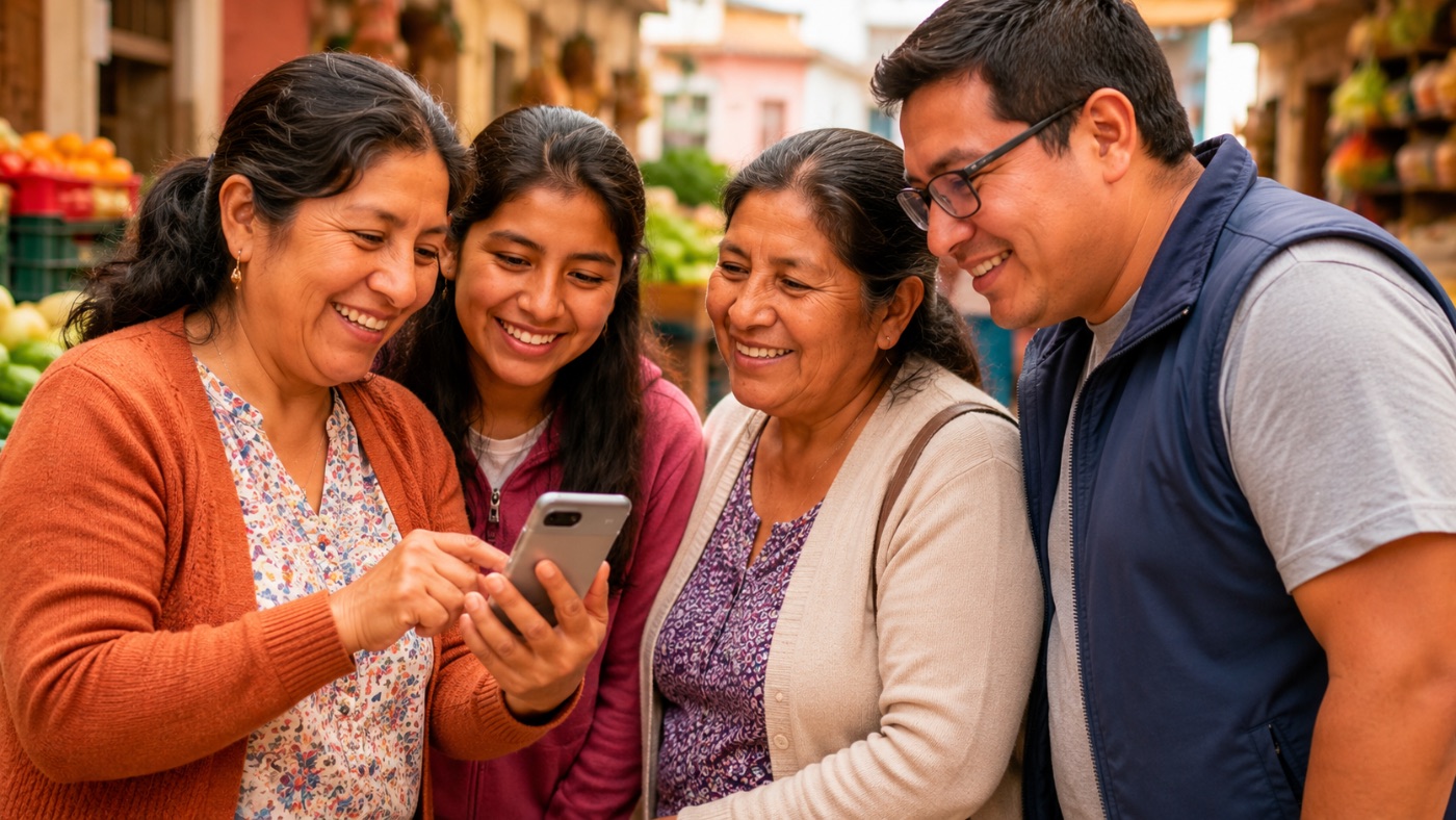 Una familia de Lima Sur mira juntos la app gSense en el celular, en el mercado